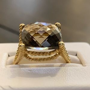 14 karat yellow gold ring with checkerboard cushion cut smoky quartz